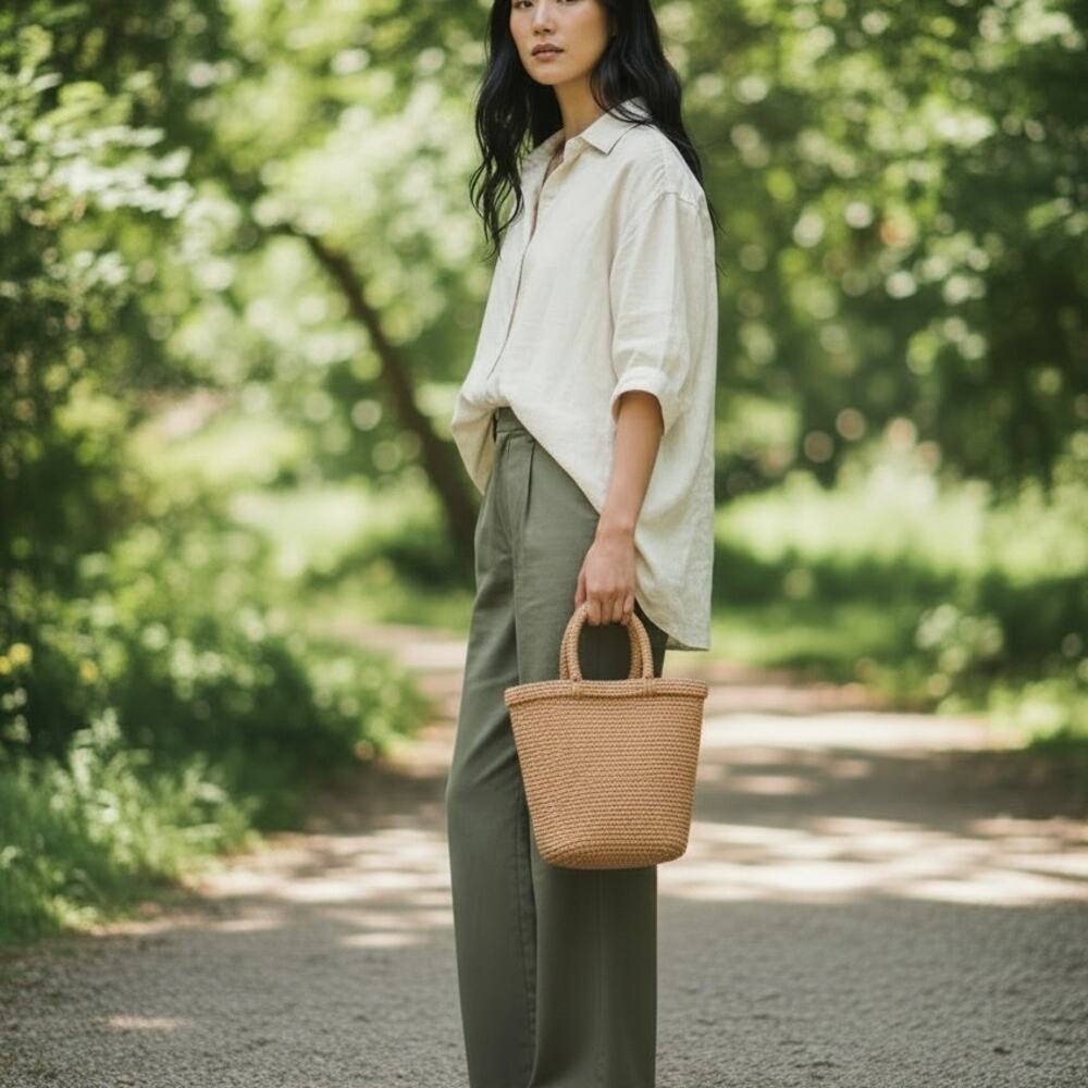 ARCHE  open top boxy raffia handbag Terracotta Capsule Minimal Luxury